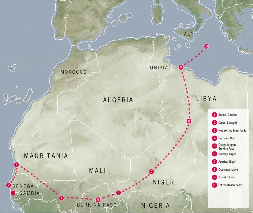 Map showing the Backway migration route from Banjul, Gambia through West Africa, the Sahara, Libya and across the Mediterranean to Italy