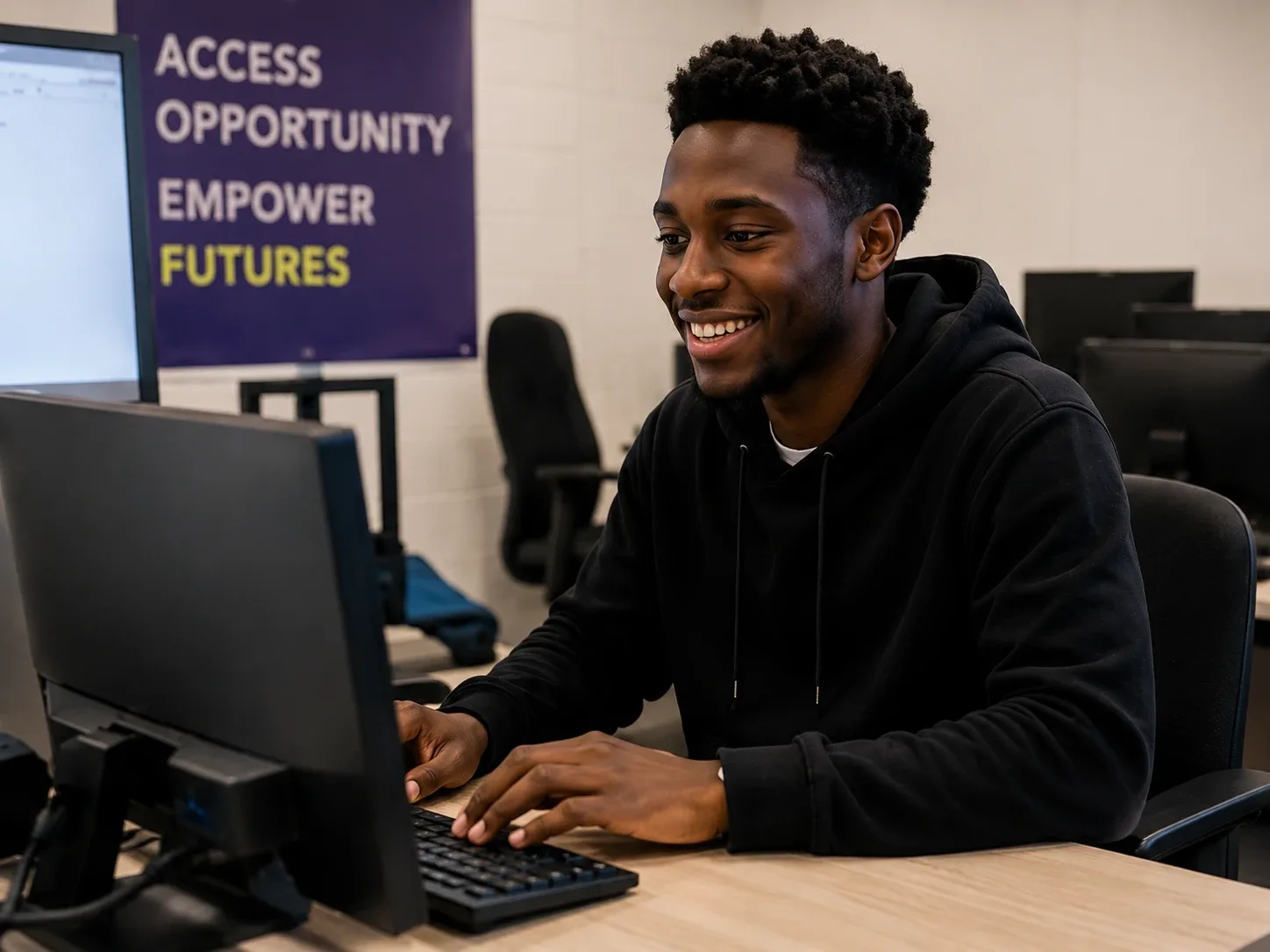 Young learner at a computer, smiling with confidence during a TechForAll Foundation digital skills session