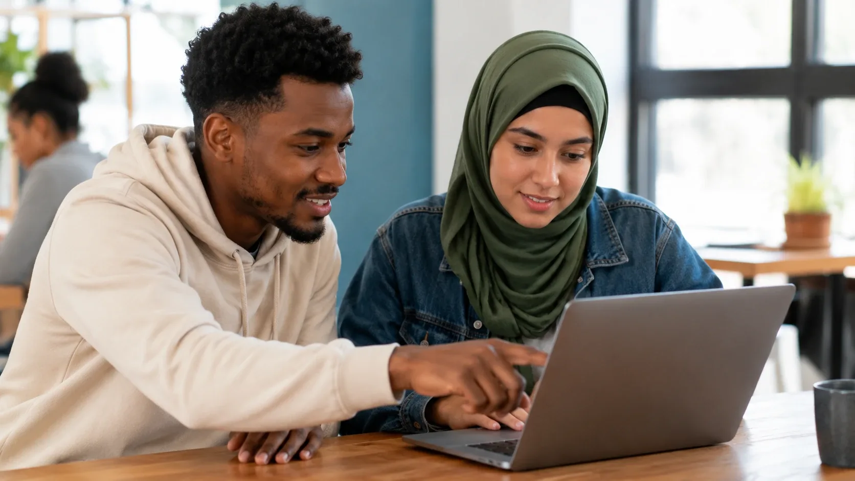 Charity caseworker supporting a refugee learner through a digital skills session in London